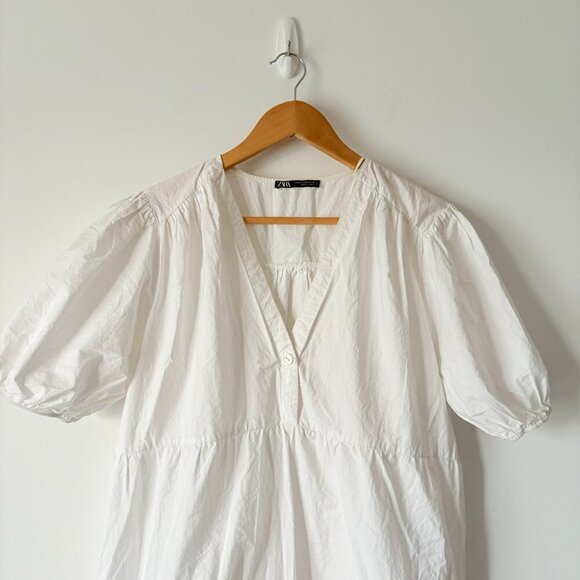 Zara Poplin Voluminous Short Sleeve Midi Dress White Size Medium - Picture 5 of 8